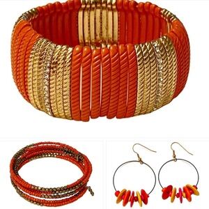 3 items-Orange&Gold Bracelets plus Orange/Yellow/Pink Beaded Hoop Earrings